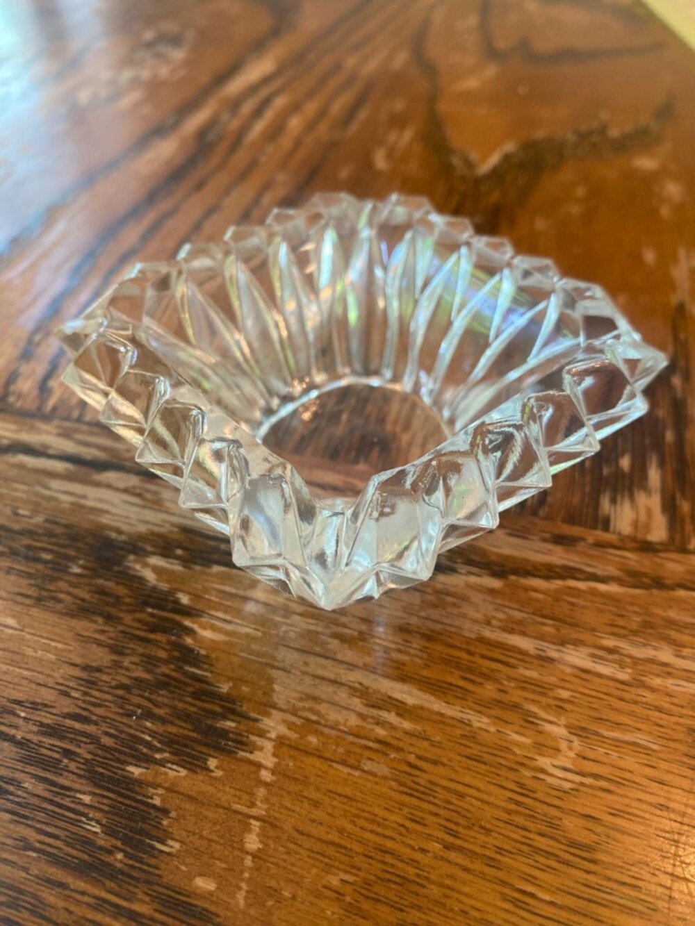 Vintage Cut Glass Starburst Ring Holder Tray 4" Square Elegant Design